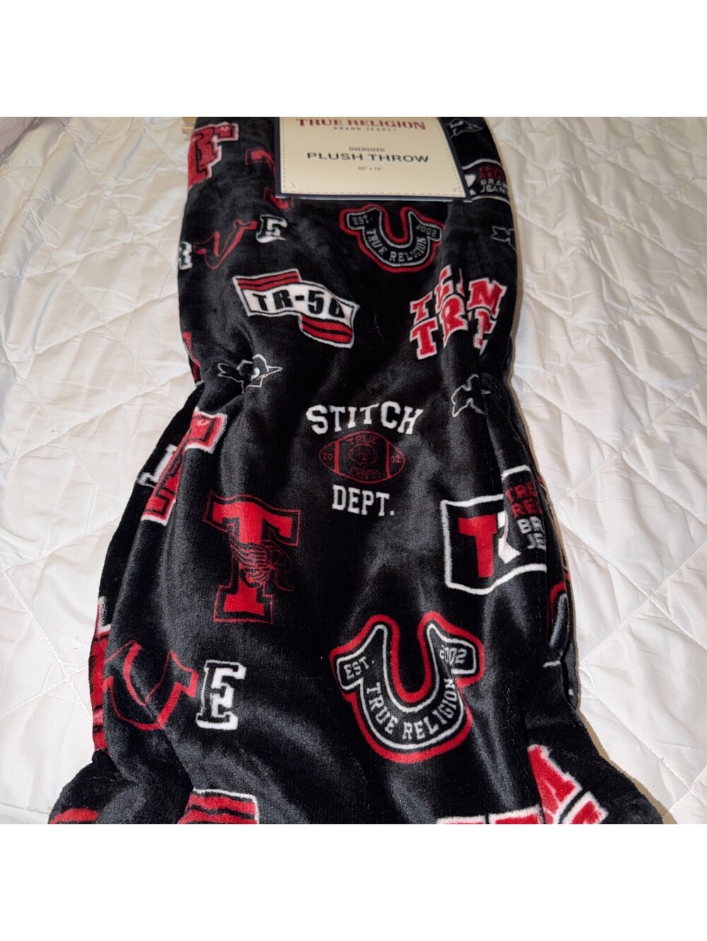 True Religion Oversized Plush Blanket 60x70 in black w/ red Graphics Jersey